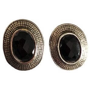 Vintage Art Deco Clip on Earrings Silver Tone Black Faceted Resin Oval